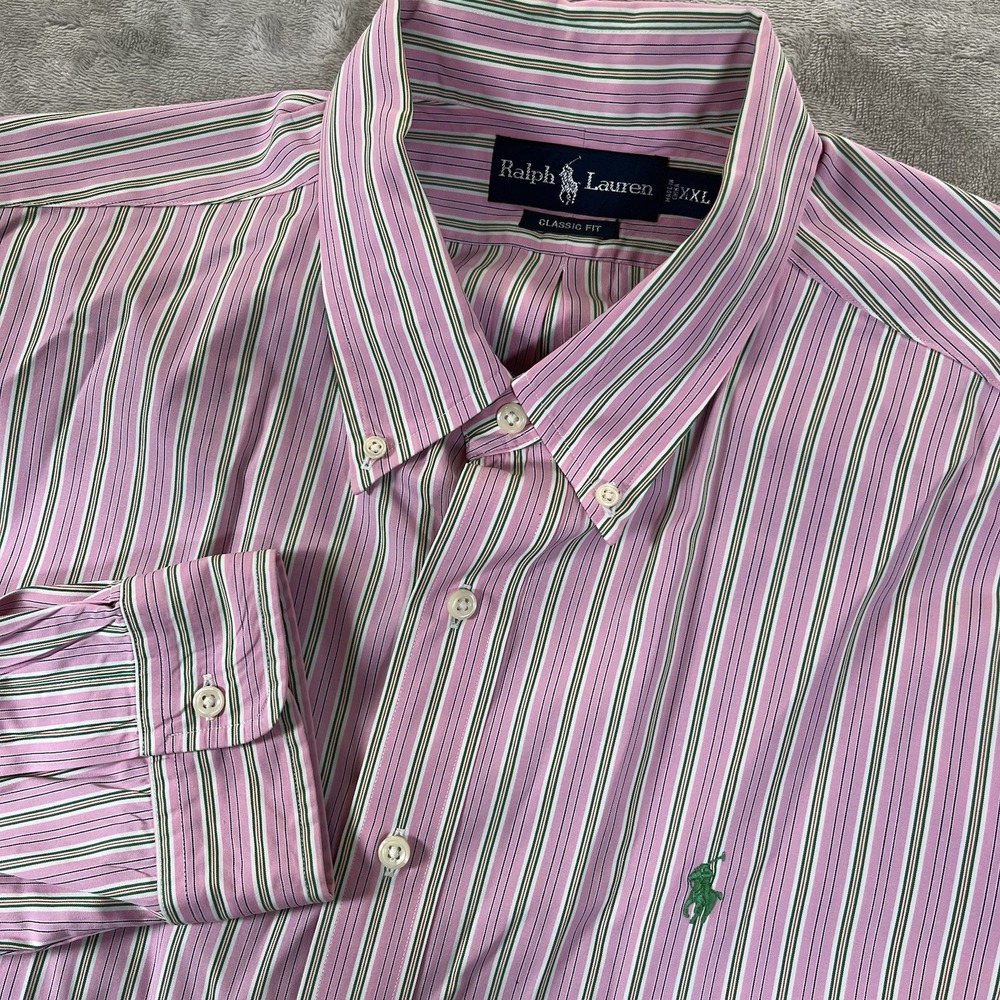 Ralph Lauren Shirt Men 2XL Pink Striped Classic Fit Long Sleeve Button Down